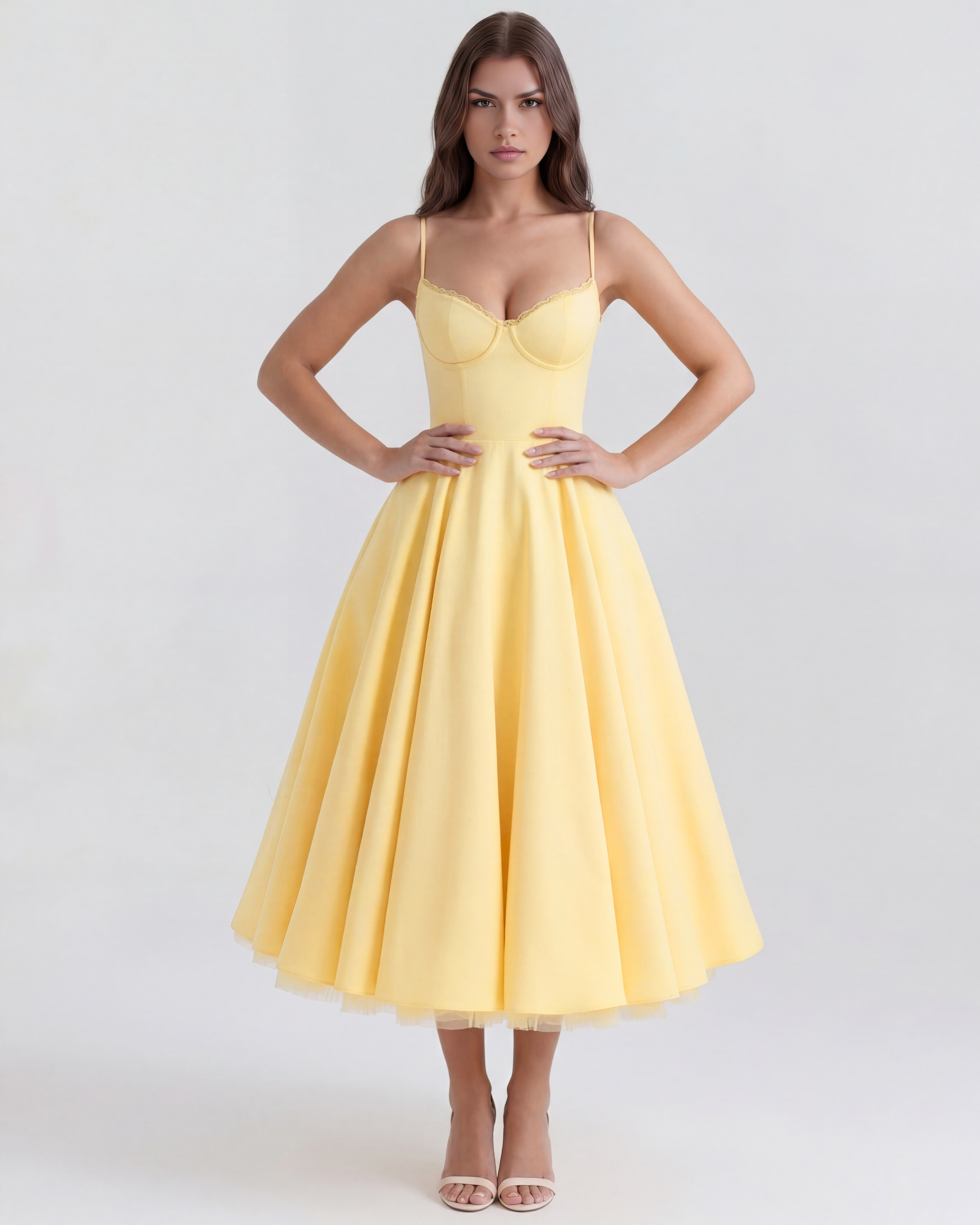 Butter yellow midi dress with scalloped sweetheart neckline and flared pleated skirt