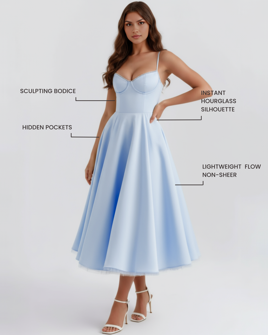 Light blue fit-and-flare midi dress with underwire cups and pleated skirt