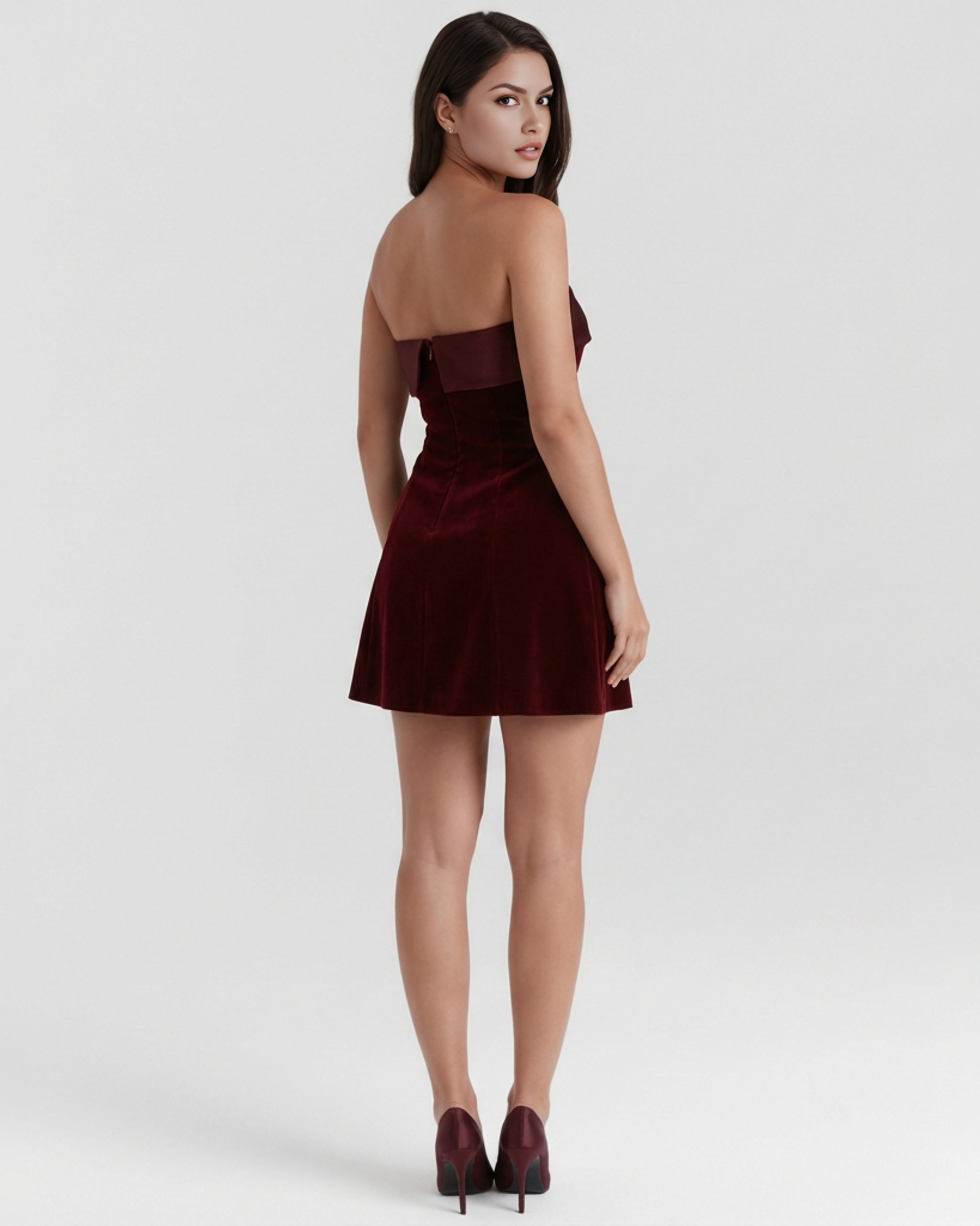 Burgundy strapless mini dress with smooth back and flared A-line hem