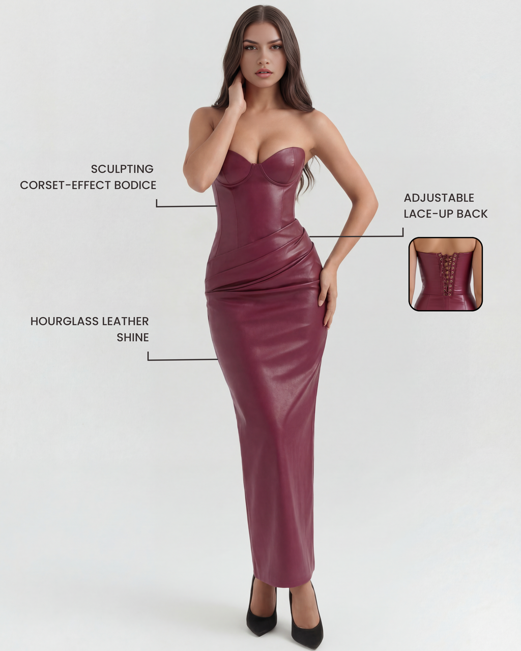 Burgundy strapless corset leather midi dress with shaped seams and glossy sheen