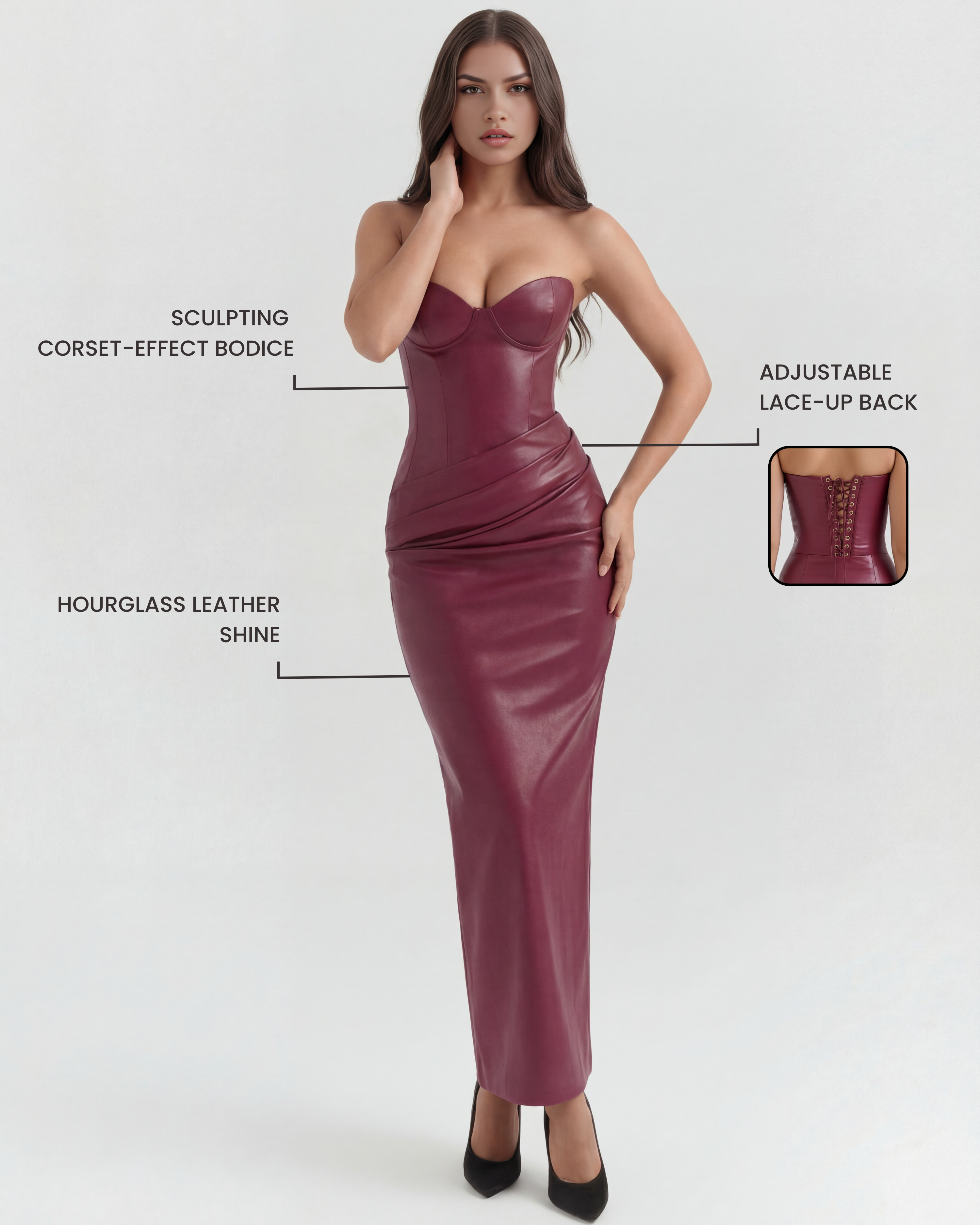 Burgundy strapless corset leather midi dress with shaped seams and glossy sheen
