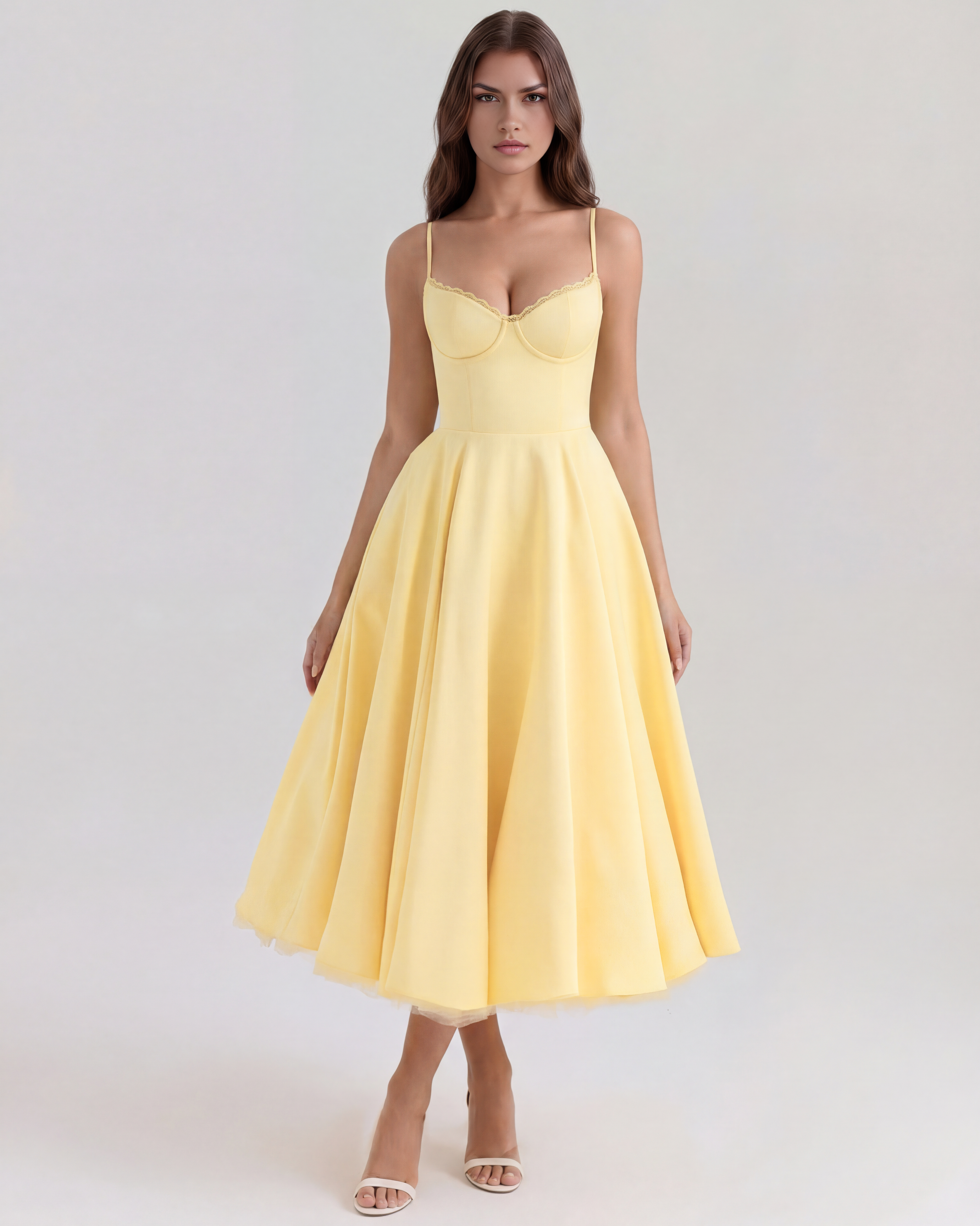 Butter yellow midi dress with sweetheart bodice and spaghetti straps
